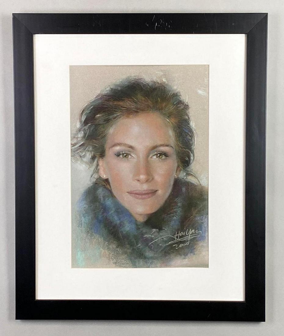 2000 Hailyan Julia Roberts Chalk Drawing on Paper: Frame measures 22 1/2 x 18 1/2in, Drawing measures 16 x 11in.