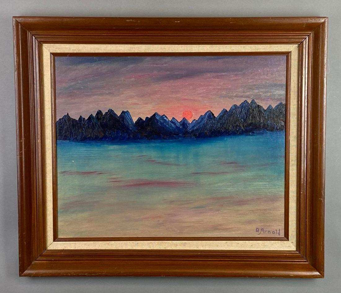 D. Arnold Sunset over Mountains Oil Painting on Board: Artist signature on bottom right corner, Frame measures 22 x 25 3/4in, Board measures 17 1/2 x 20 1/2in.