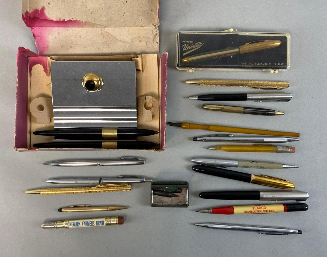 Group of 15+ Fountain Pens and More: Includes fountain pens, desk set, bullet pen, and more, Desk set with original box, Box measures 6 1/2 x 5 x 1 1/2in.