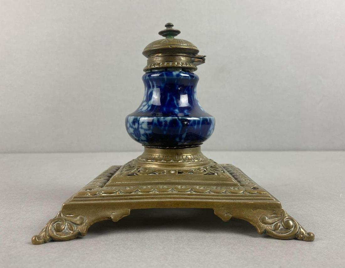 Flow Blue Porcelain and Brass Inkwell: 5 3/4 x 6 x 6 inches