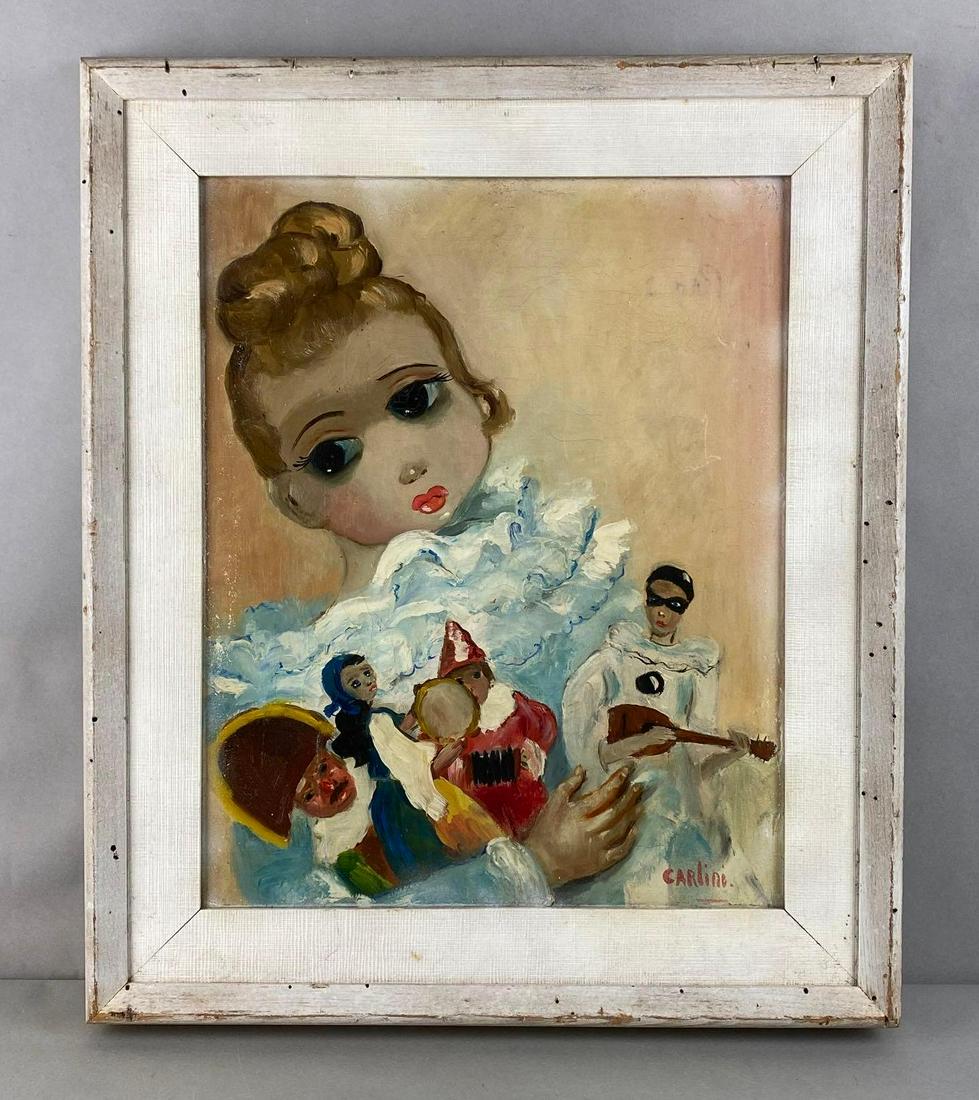 1920 Gino Carlini French Dolls Oil Painting on Canvas: Artist signature on bottom right corner, With COA on back, Frame measures 24 x 20 1/2in, Canvas measures 18 x 14 1/2in.