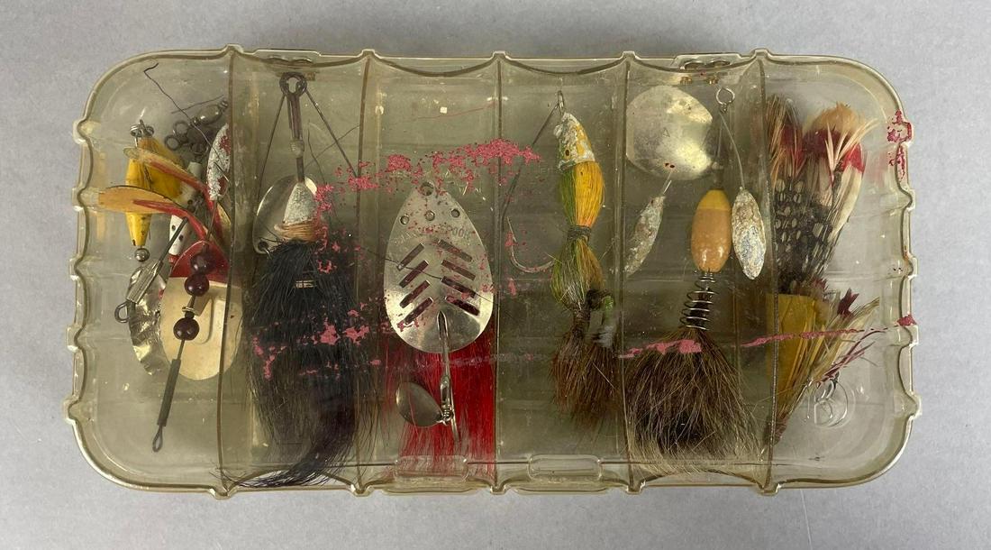 Group of 11 Vintage Fishing Lures: Includes case, Shannon spoon, ABU spinnaren reflex, baldwell shyster, and more. Largest measures 5 1/4 inches long