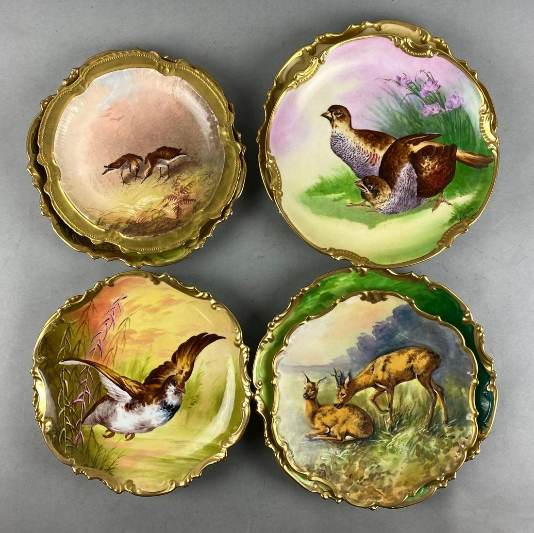 Group of 8 Limoges France Porcelain Bird Plates: Includes 7 birds and 1 deer plate, Limoge Coronet, LOBC Flambeau Limoges, and more. Largest measures 11 1/2 inches in diameter.