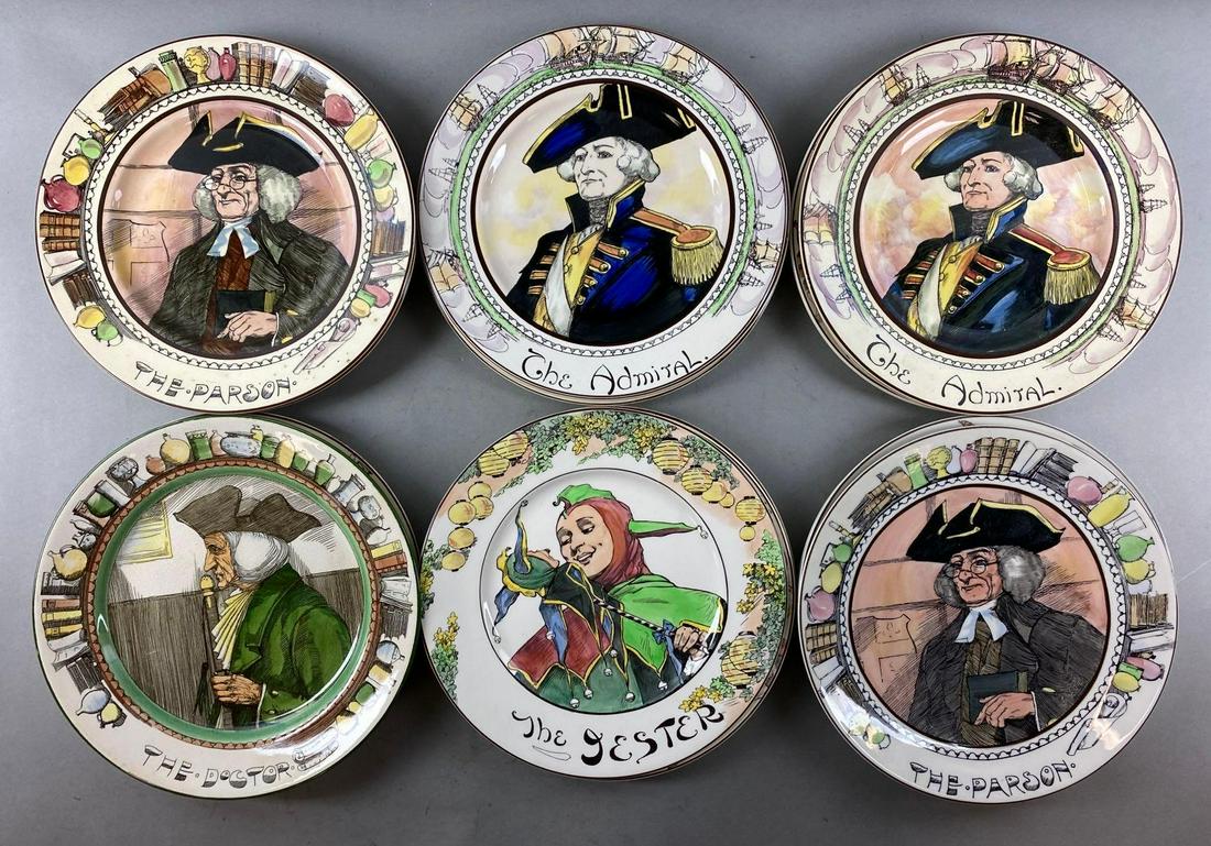 Group of 17 Royal Doulton Figural Porcelain Plates: Includes The Jester, The Doctor, The Parson, and more. Largest measures 10 1/2 inches in diameter.