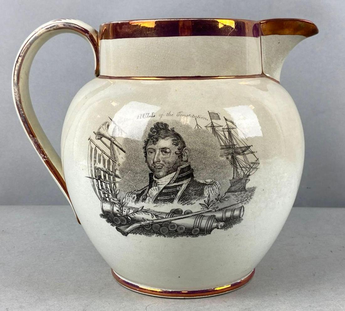 Captain Hull and Perry of the Constitution Porcelain Pitcher: Crazing throughout. 7 1/2 x 8 x 4 1/2 inches. Bottom repaired.