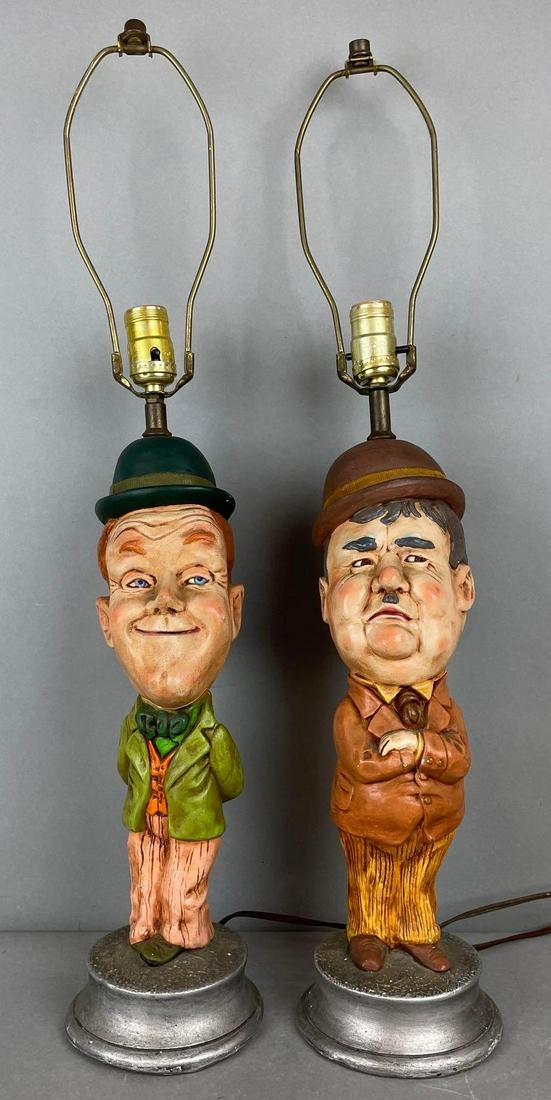 Group of 2 Laurel and Hardy Chalkware Lamps: Both in working condition, may need rewiring. Cracks and possible repairs at Abbottâ€™s knees. Each measure 28 x 5 inches