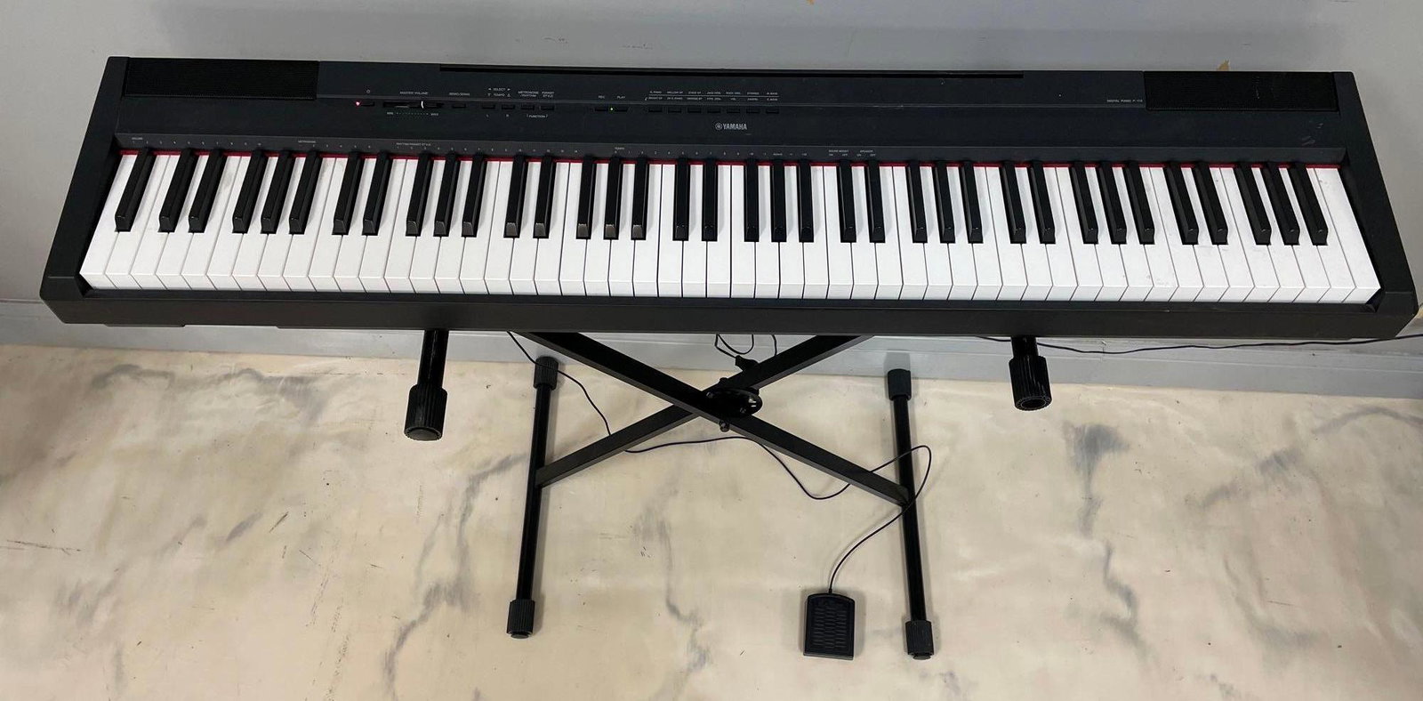 Yamaha P-115 Digital Piano with Stand: Working condition. Includes lo duca sustain foot pedal, separate stand. Keyboard measures 52 x 11 1/2 x 6 1/2 inches