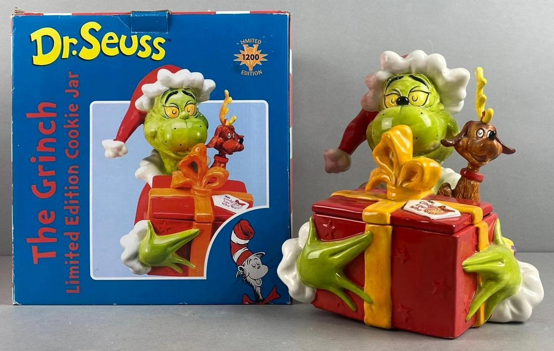 Dr. Seuss The Grinch Limited Edition Porcelain Cookie Jar: How the Grinch Stole Christmas, Original box. Cookie jar measures 8 1/2 x 8 1/2 x 11 inches. Needs cleaned, with unregistered COA