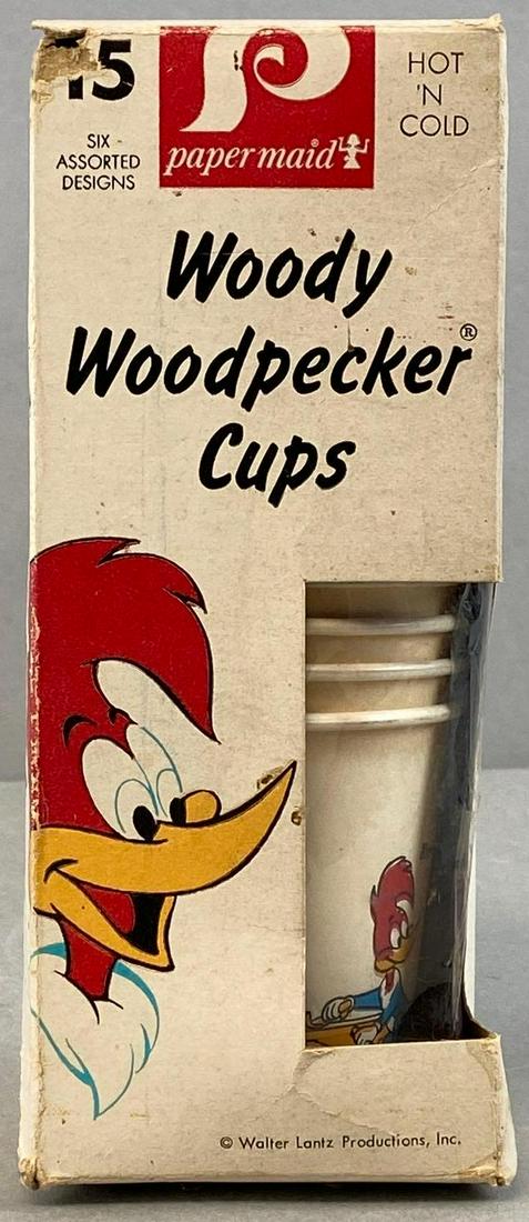 Papermaid Woody Woodpecker Paper Cups: In original box, Some tears in box and plastic, Box measures 7 3/4 x 3 x 3in.