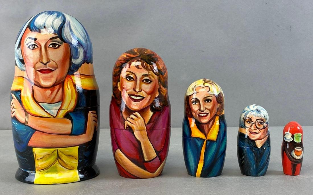 Golden Girls Handpainted Russian Nesting Doll Set: Artist signature on bottom of largest doll, Largest measures 6 3/4 x 3 1/2 x 3 1/2in.