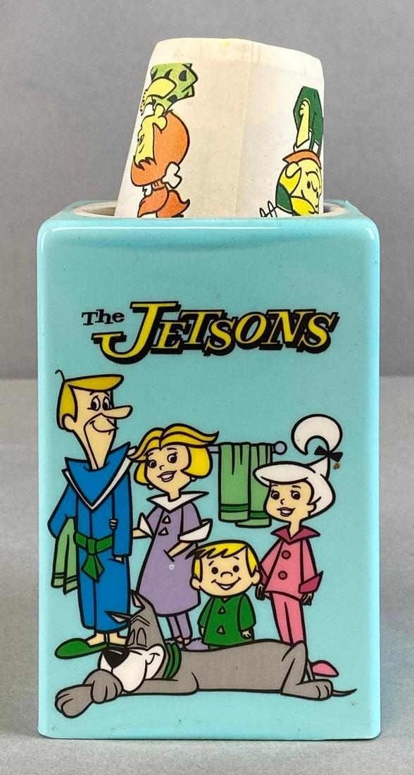 Hanna-Barbera CartoonsPaper Cup Dispenser and Cups: 1990, The Jetsons and The Flintstones, Hamilton Projects Inc, Measures 4 1/2 x 3 x 3in.