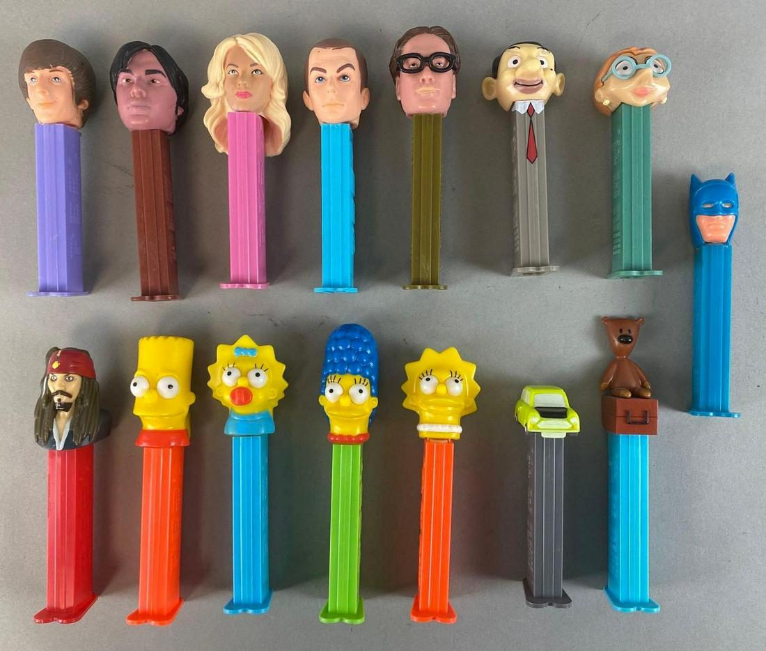 Group of 15 Assorted Pez Dispensers: Includes Big Bang Theory, Batman, The Simpsons, Jack Sparrow, and more, Longest measures 5in.