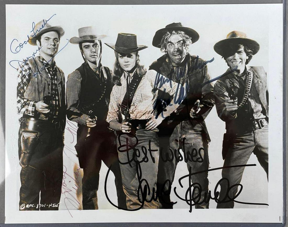 Jane Fonda and Cat Ballou Cast Signed Photograph No COA: Includes signatures from Jane Fonda, Lee Marvin, Michael Callan, and Dwayne Hickman. Measures 8 x 10 inches, no COA, unknown authenticity, buying as is.