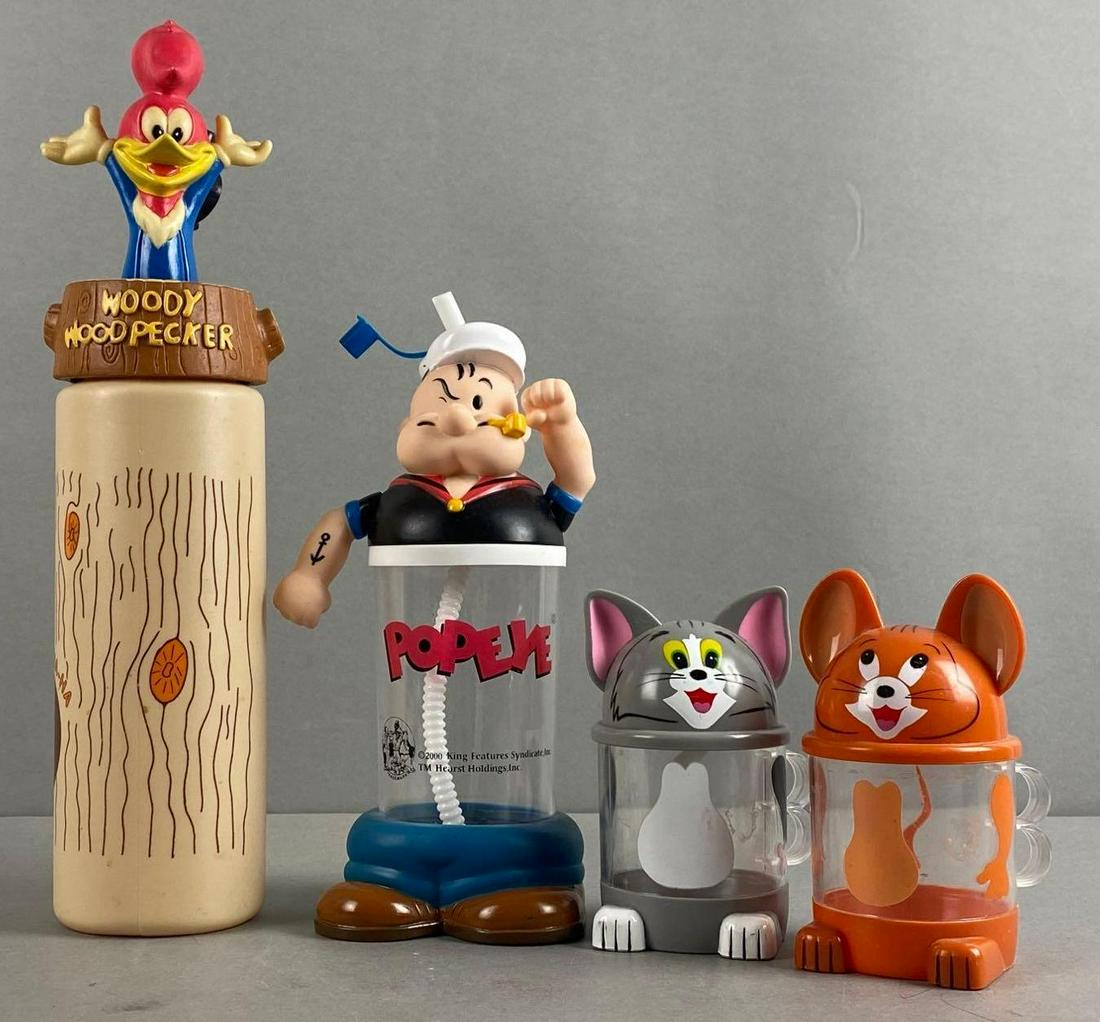 Group of 4 Cartoon Cups: includes Popeye, Tom and Jerry, and woody wood pecker. Largest measures 14 x 4 inches