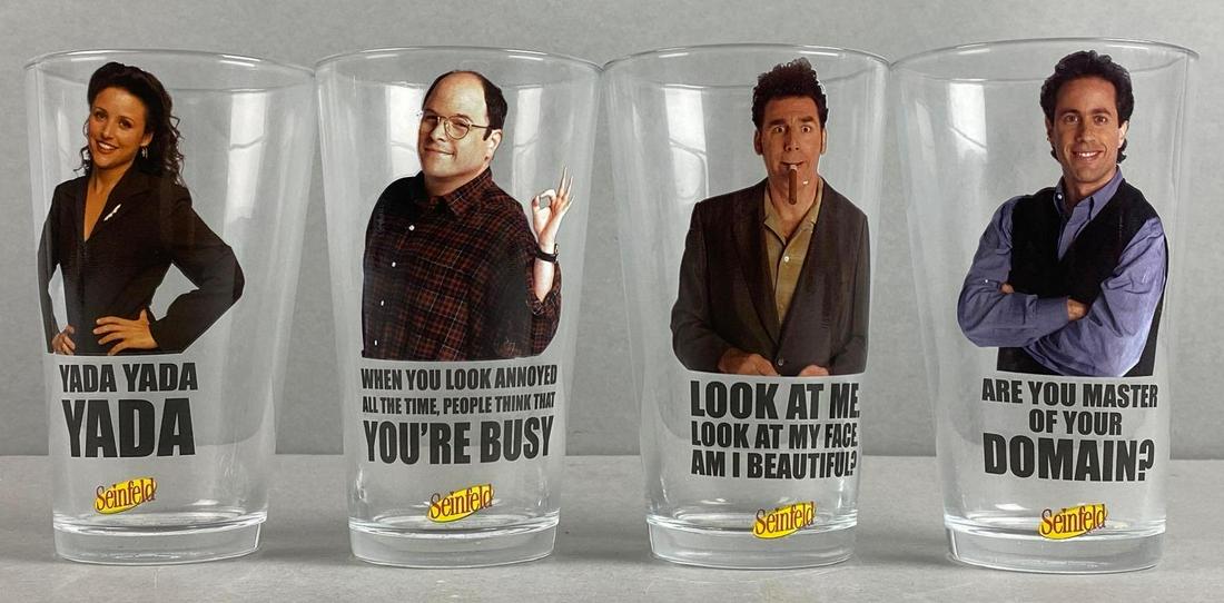 Group of 4 Seinfeld Glass Collectors Cups: Castle Rock. Includes Yada Yada Yada, Look At Me; and more. 6 x 3 1/2 inches