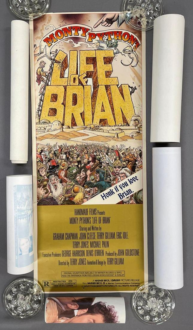 Group of 6 Comedy Posters: Includes sex and the city, Seinfeld, the life of Brian, Charlie Chaplin, and more. life of Brian poster measures 33 3/4 x 14 inches Largest measures 11 x 70 inches