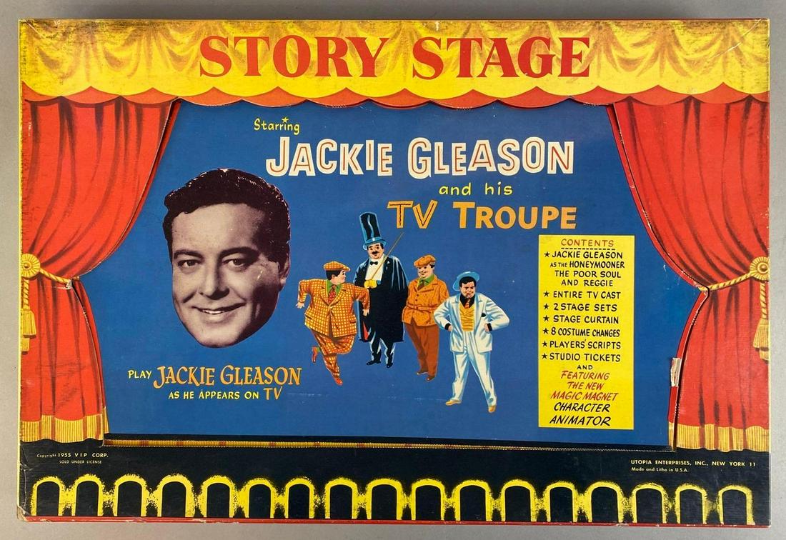 VIP Corp. Jackie Gleason Story Stage Board Game: 1955, With original box, Pinholes in corners of board, Unknown set completion, Box measures 12 1/2 x 18 1/2 x 2in.