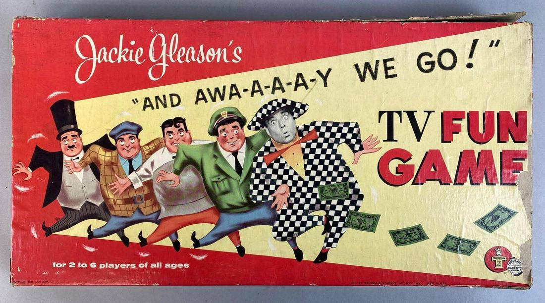 VIP Corp. Jackie Gleason And Awaaay We Go Board Game: 1956, With original box, Unknown set completion, Holes in corners of board, Some large tears in box, Measures 10 x 19 1/2 x 2in.