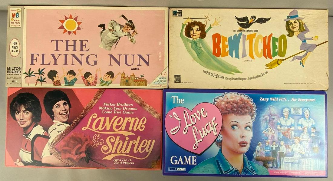 Group of 4 TV Show Boardgames: Includes The I Love Lucy Game, Laverne and Shirley, The Flying Nun, and Bewitched, With original boxes, Unknown set completions, Boards with holes in corners from hanging, Largest box measures 10 x 19