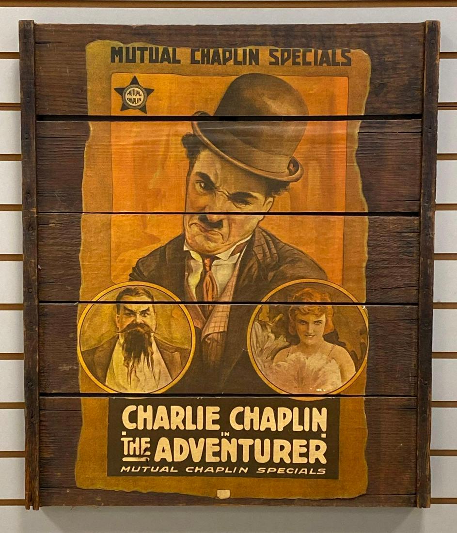 Mutual Chaplin Specials The Adventurer Poster on Boards: Featuring Charlie Chaplin, Measures 28 3/4 x 24 x 2in.