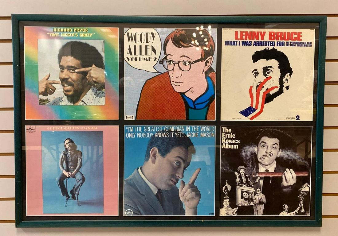 Comedy Vinyl Record Framed Collage: Covers Only, No Albums, Includes Woody Allen Vol. 2, The Ernie Kovacs Album, Richard Pryor, and more. 28 x 40 inches