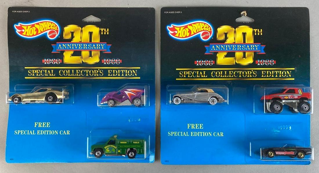 Group of 2 Hot Wheels 20th Anniversary Die-Cast Vehicle Sets: 1987, Mattel, Special Collectors Edition, In original packaging, Packaging measures 9 x 8 1/2 x 1 1/2in.