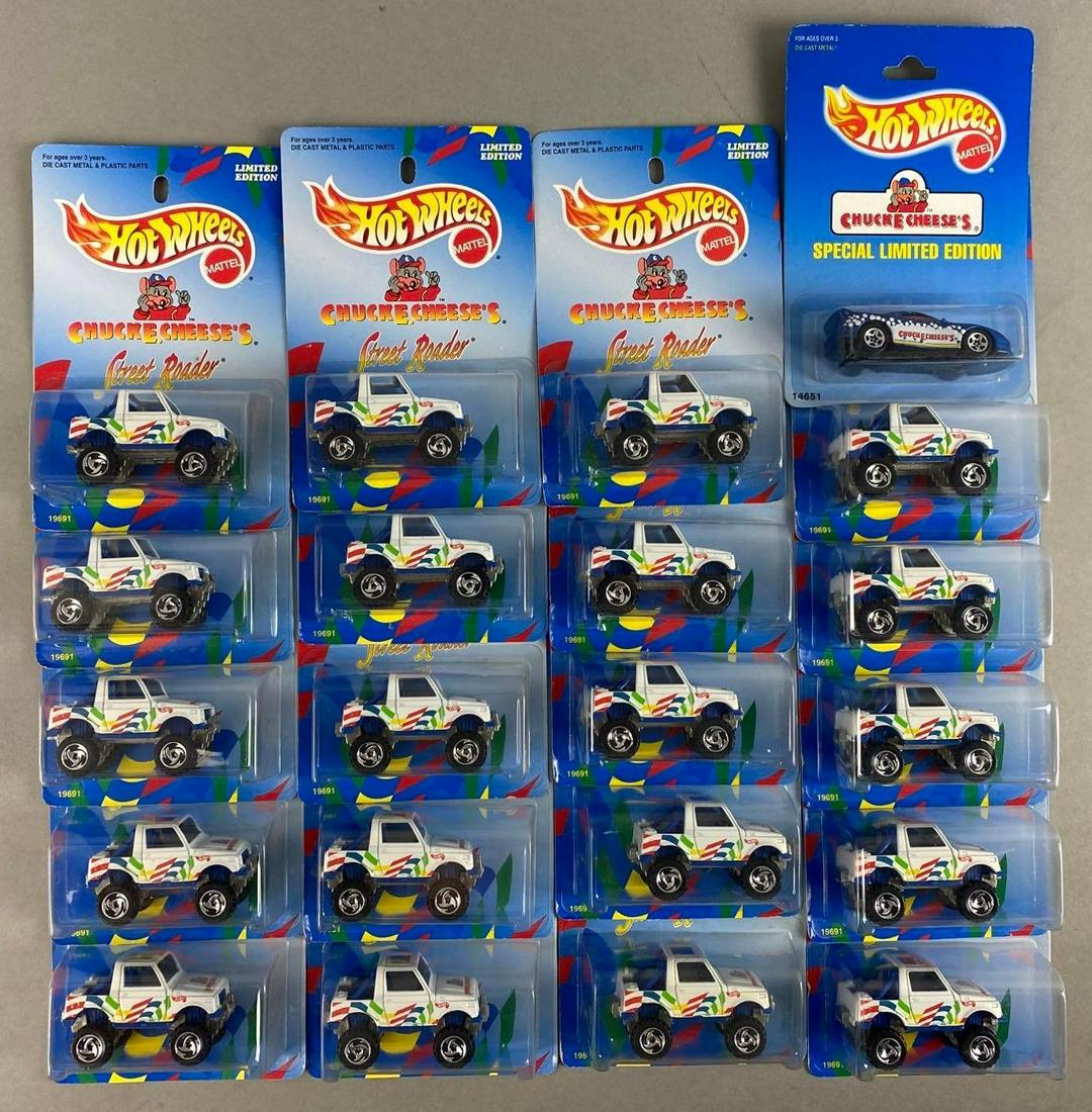 Group of 20+ Assorted Hot Wheels Chuck E Cheese Die-Cast Vehicles: Includes Street Roader and Camaro. Original packaging, Mattel. 1995/97, 1/64 scale.