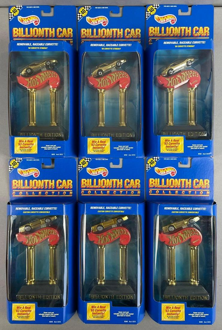 Group of 6 Hot Wheels Billionth Cars: Original packaging, includes 3 1968 Corvette Stingrays, and 3 custom Corvette Convertibles. Each measure 12 1/2 x 5 1/2 x 2 inches
