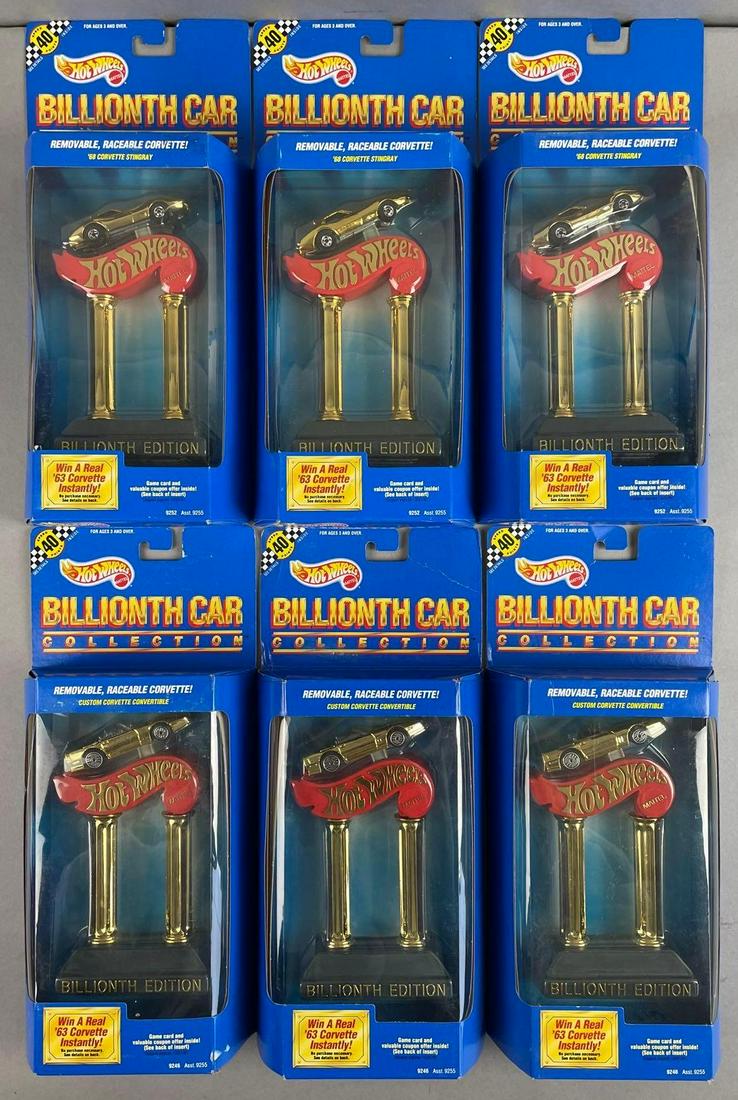 Group of 6 Hot Wheels Billionth Cars: Mattel. Original packaging, includes 3 1968 Corvette Stingrays, and 3 custom Corvette Convertibles. Each measure 12 1/2 x 5 1/2 x 2 inches