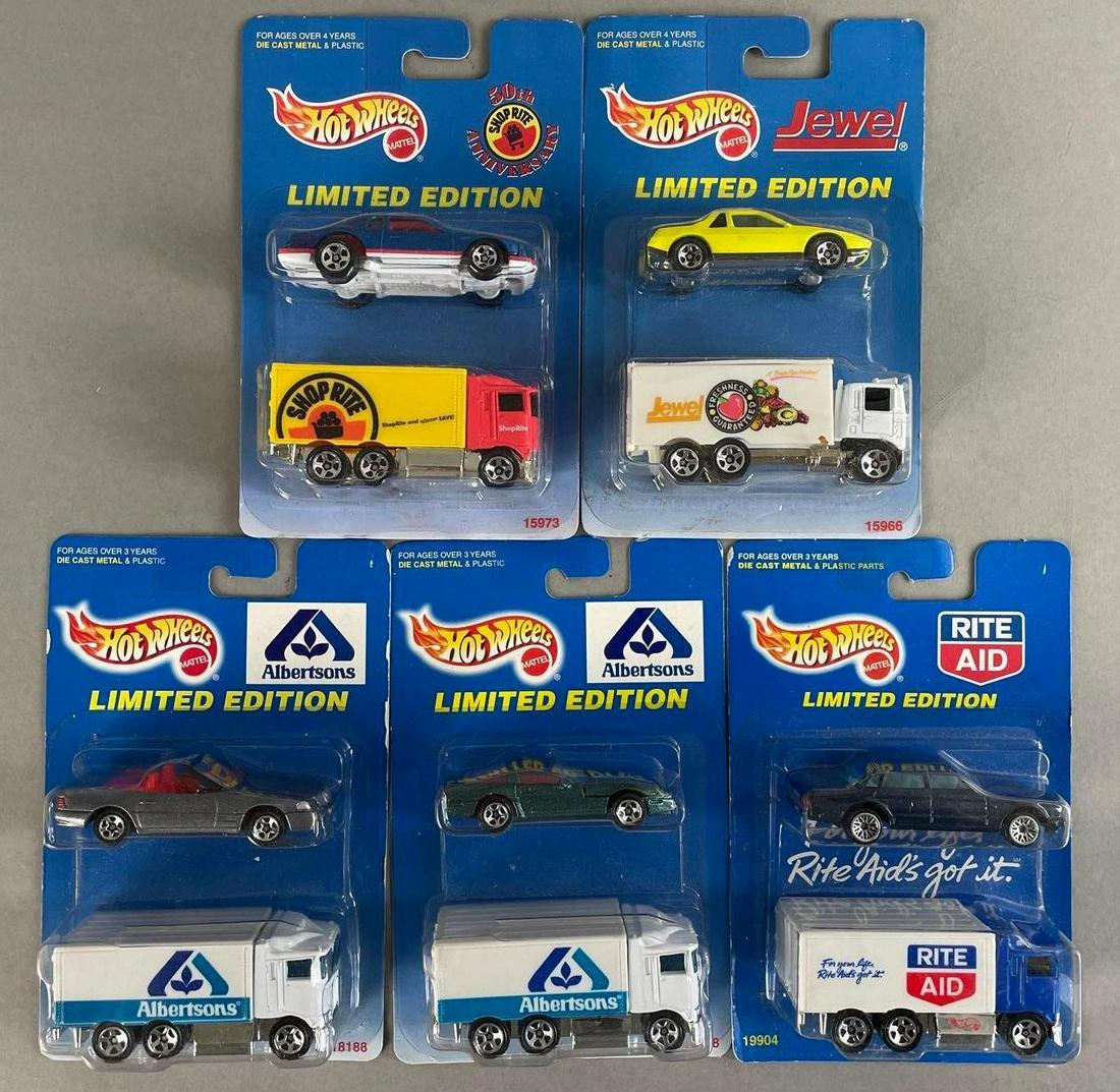 Group of 5 Hot Wheels Limited Edition Grocery Themed Sets: Mattel. Includes shop rite, Jewel, 2 albertsons, and rite aid. Measures 6 1/2 x 4 x 1 1/2 inches