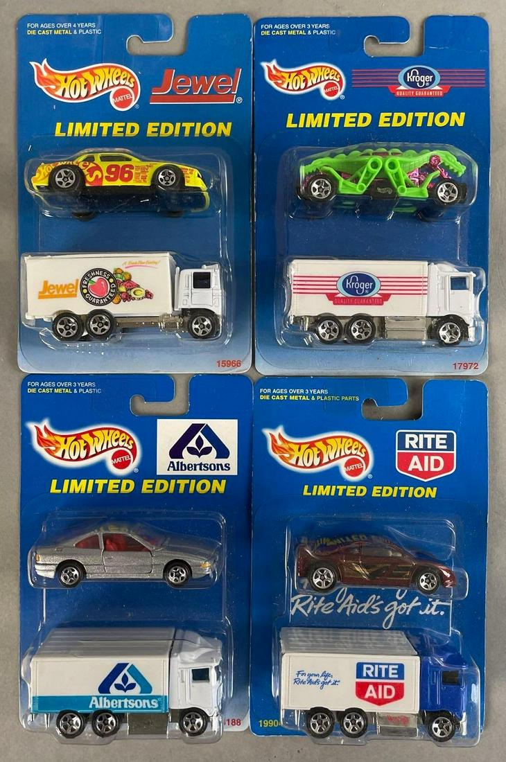 Group of 4 Hot Wheels Limited Edition Grocery Themed Sets: Mattel. Includes Jewel, Kroger, albertsons, and rite aid. Measures 6 1/2 x 4 x 1 1/2 inches