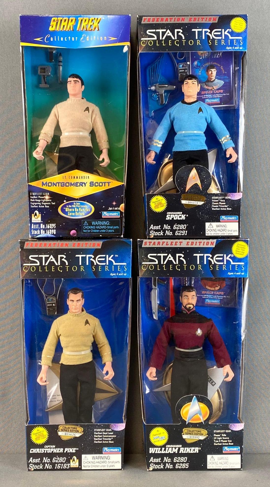 Group of 4 Playmates Star Trek Collectors Edition Action Figures: 1995-96, all in original boxes, some marks on boxes, includes Captain Christopher Pike, Commander William Riker, Lt. Commander Montgomery Scott, and Commander Spock, figures measure 9 1/2in, boxes mea