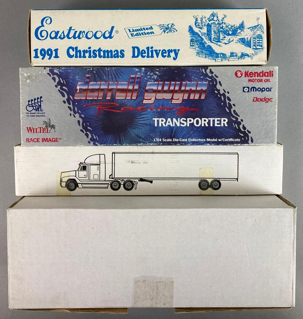 Group of 4 Die-Cast Transporter Trucks: Includes 1991 Eastwood Christmas Delivery, ERTL Freightliner Cab with Trailer, Darrell Gwynn Racing Transporter, and McDonalds 45th Anniversary Freightliner Tractor Trailer. 1:64 scale, with original 