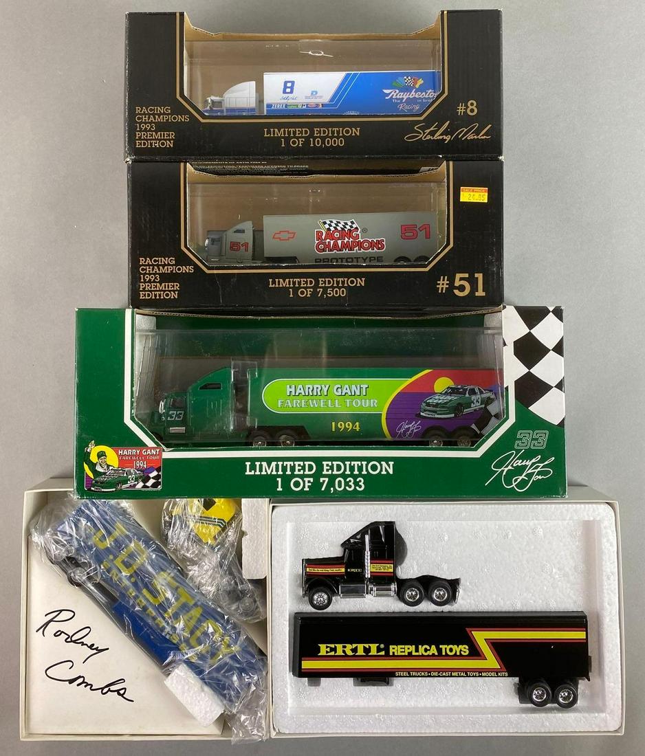 Group of 5 Die-Cast Racing Transporters: Includes 1:64 scale Harry Gant Farewell Tour, 1:87 scale #8 Raybestos, #51 Racing Champions Prototype, and more. With original boxes