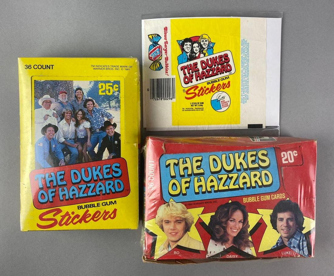 Group of 3 EMPTY The Dukes of Hazzard Bubble Gum Packs and Stickers: Empty, second hand sealed. Largest measures 5 1/2 x 7 1/2 x 2 inches