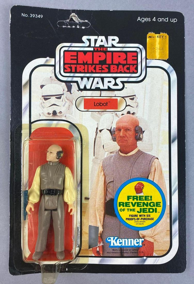 Kenner Star Wars The Empire Strikes Back Lobot Action Figure: 1982, punched. Missing proof of purchase, hole/cut visible from front of packaging. Packaging measures 9 x 6 inches.