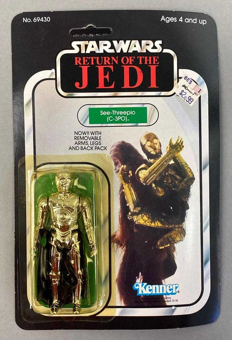 Kenner Star Wars Return of The Jedi C-3PO Action Figure: 1983, punched. See-Threepio. Blister has sun damage. Packaging measures 9 x 6 inches.