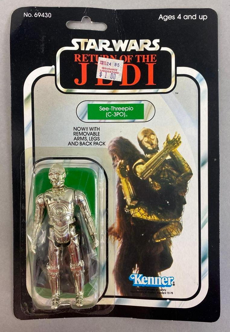 Kenner Star Wars Return of The Jedi C-3PO Action Figure: 1983, punched. See-Threepio. Blister is dented. Packaging measures 9 x 6 inches.