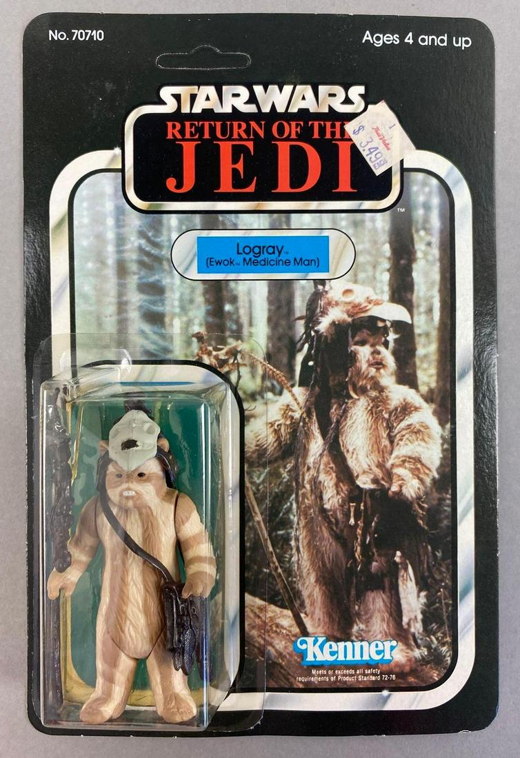 Kenner Star Wars Return of The Jedi Logray Action Figure: 1983, unpunched. Ewok Medicine Man. Packaging measures 9 x 6 inches.