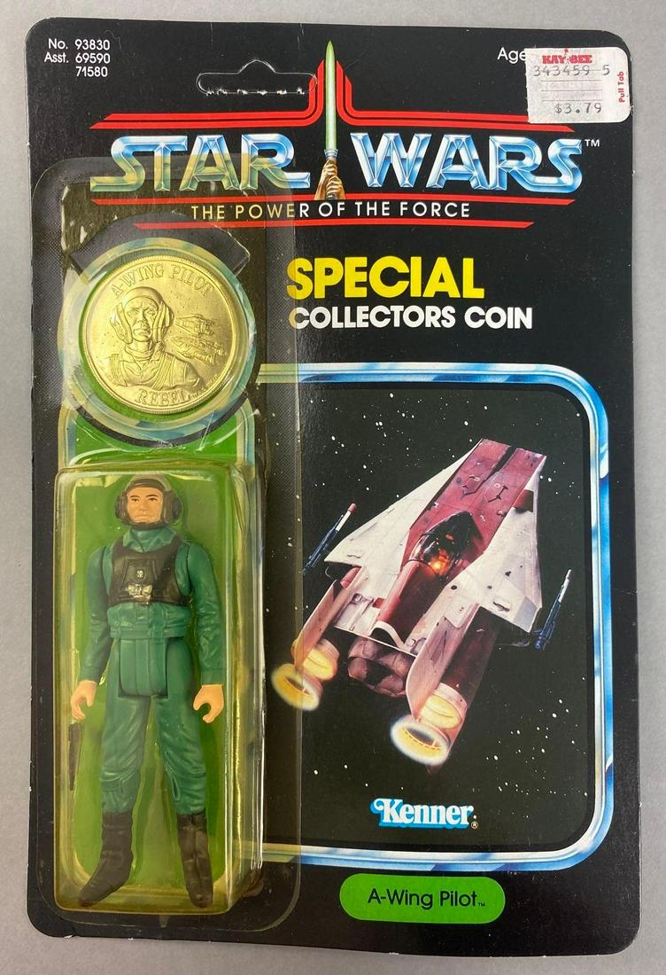 Kenner Star Wars The Power of the Force A-Wing Pilot Action Figure: 1984, unpunched. Blister has sun damage. Special collectors coin. Packaging measures 9 x 6 inches.