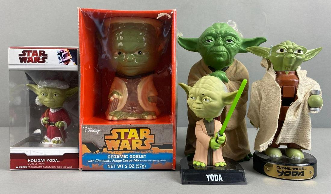 Group of 5 Star Wars Yoda Items: Includes Bobblehead, nutcracker, ceramic goblet, and more. Largest packaging measures 8 1/2 x 5 x 5 inches