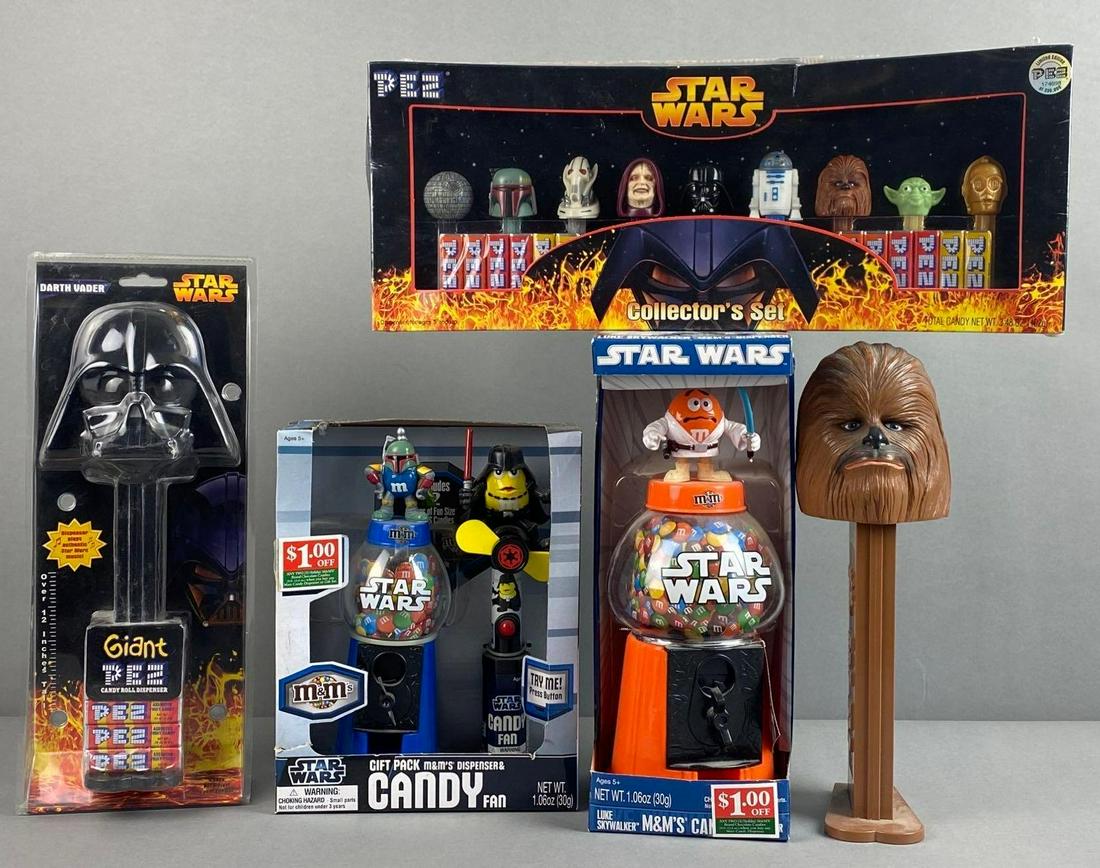 Group of 5 Assorted Star Wars PEZ and More: Includes Collectors PEZ set, MnMs Candy Fan, and more. Chewbacca PEZ measures 12 1/2 x 4 x 2 1/2 inches