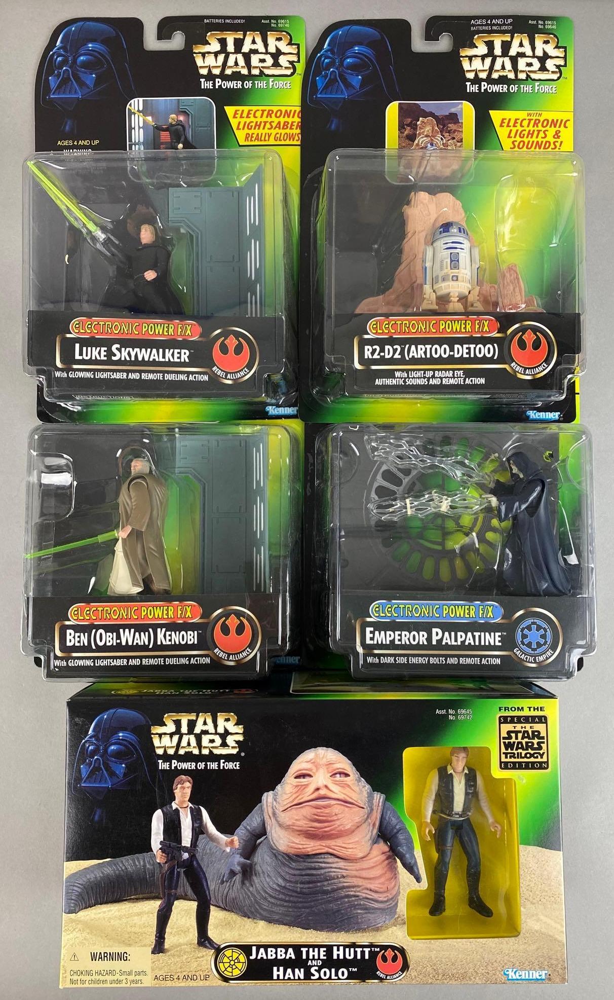 Group of 5 Kenner Star Wars Electronic Power F/X Figures: Includes Luke Skywalker, Jabba the Hutt and Han Solo, and more. 1996, all in original boxes, with shipping box, largest box measures 6 X 11 X 4 1/2 inches, shipping box measures 8 1/2 X 12 3/4 X 14 in