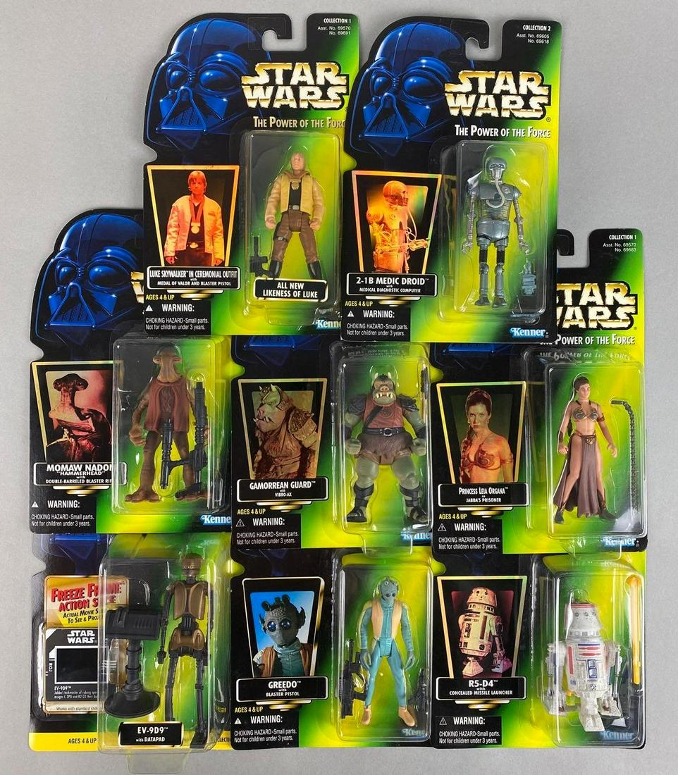 Group of 8 Kenner Star Wars The a Power of the Force Action Figures: Includes Luke Skywalker in ceremonial outfit, R5-D4, Greedo, and more. 1997, 4 inch figures, all in original packaging, measures 9 X 6 X 1 3/4 inches, with shipping box, box measures 7 X 10 X 8 1/4 in