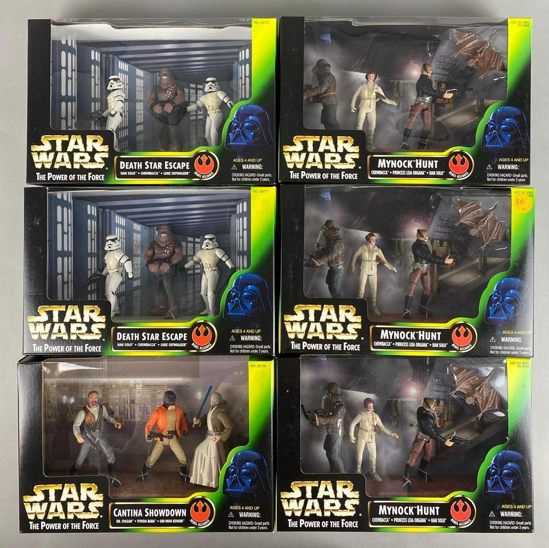 Group of 6 Kenner Star Wars The Power of the Force Action Figure Sets: Includes Mynock Hunt, Cantina Showdown, and Death Star Escape. 1998, in original boxes, measures 10 1/2 X 7 X 2 3/4 inches, with shipping box, box measures 11 1/2 X 10 3/4 X 14 1/2 inches