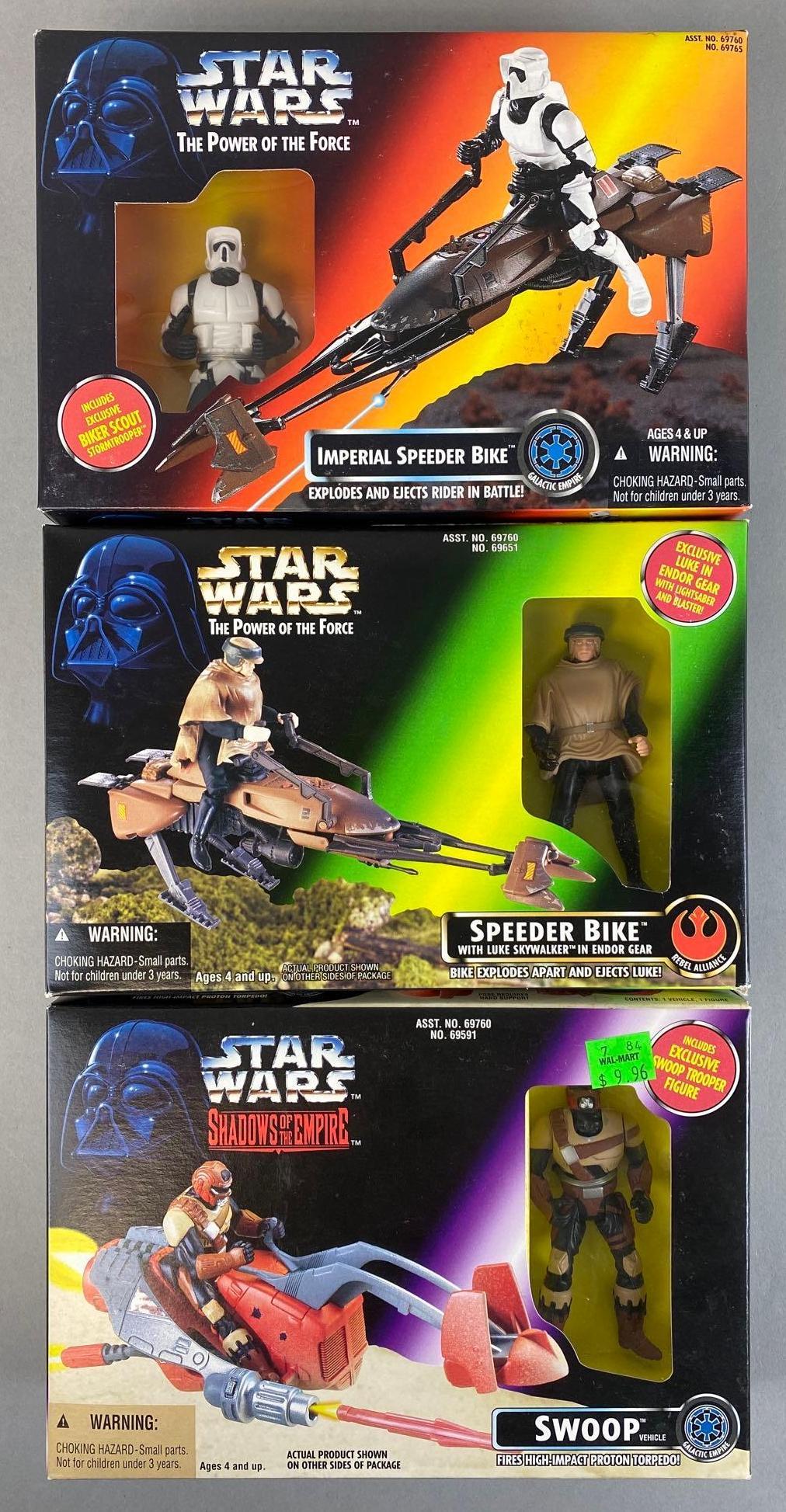 Group of 3 Star Wars The Power of the Force Action Figure Bike Sets: 1995-96, includes Imperial Speeder Bike, Swoop, and Speeder Bike, in original boxes, measures 9 X 6 X 2 1/4 inches