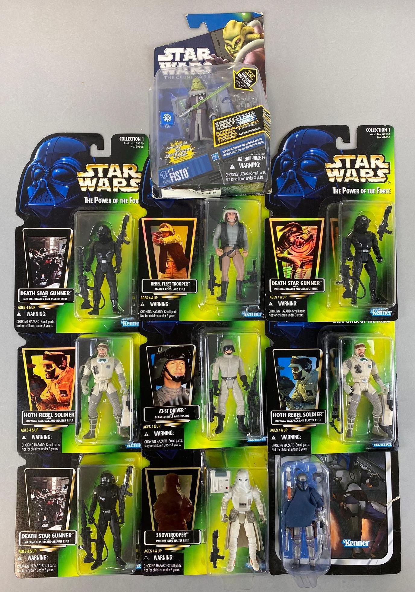 Group of 10 Hasbro Star Wars Action Figures: Includes Death Star Gunner, Hoth Rebel Soldier, and more. 1996 and 2010-11, 4 inch figures, in original packaging, measures 9 X 6 X 1 1/2 inches