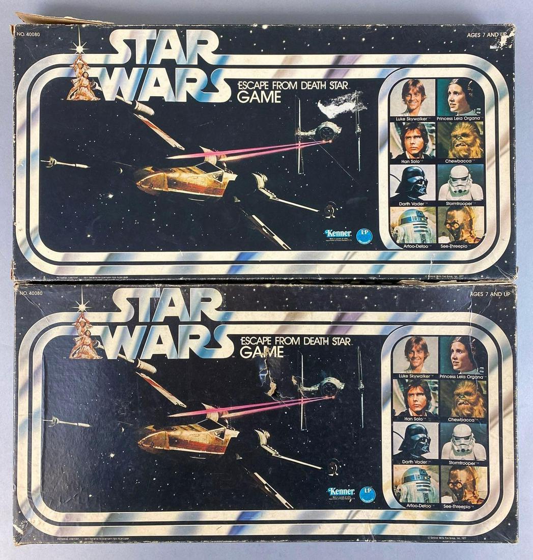 Group of 2 Kenner Star Wars Escape from the Deathstar Board Games: 1977, boxes are torn and punctured, unknown completion, measures 18 X 9 1/4 X 1 1/2 inches