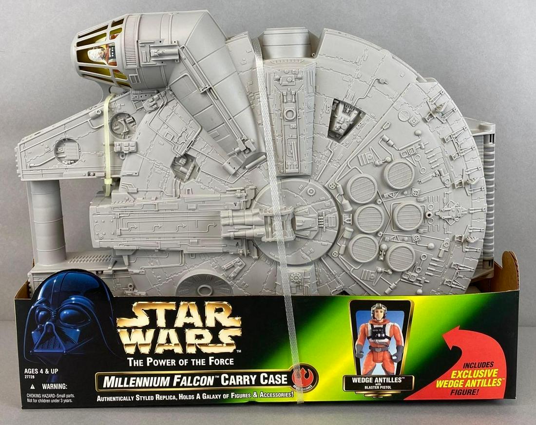 Kenner Star Wars The Power of the Force Millennium Falcon Carry Case: 1997, In original box, includes Wedge Antilles, measures 14 1/4 X 17 1/2 X 4 inches