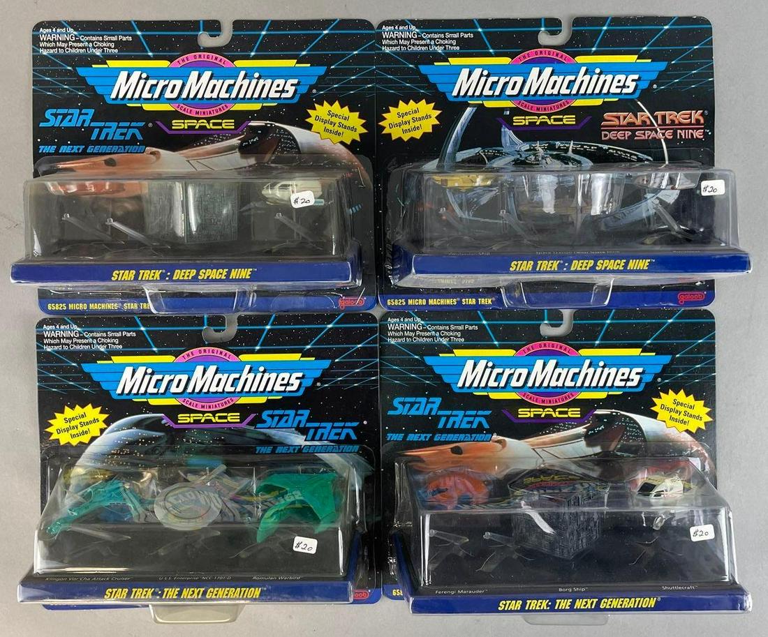 Group of 4 Micro Machines Space Star Trek Collections: 1993 original packaging. Includes 2 from deep space nine, and 2 from tng. Each measure 7 x 8 1/2 x 3 inches